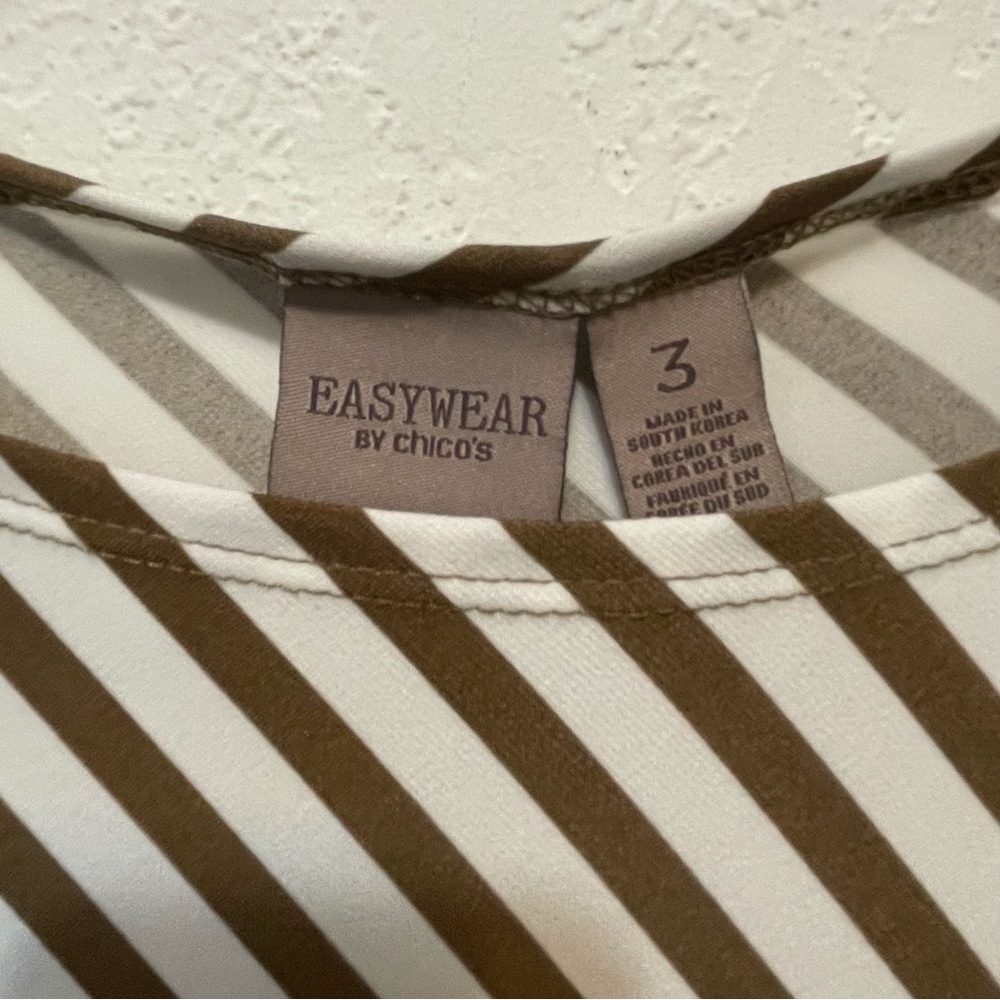 Chico’s 3 US XL Top Shirt Brown Striped 3/4 Sleeve Round Neck Stretch Women’s - Picture 4 of 8